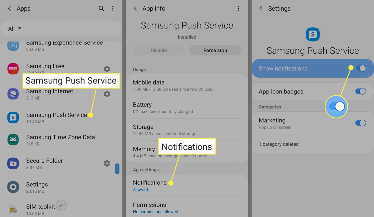 Samsung Push Service, Notifications ja Show-ilmoitukset ovat käytössä Samsungin asetuksissa