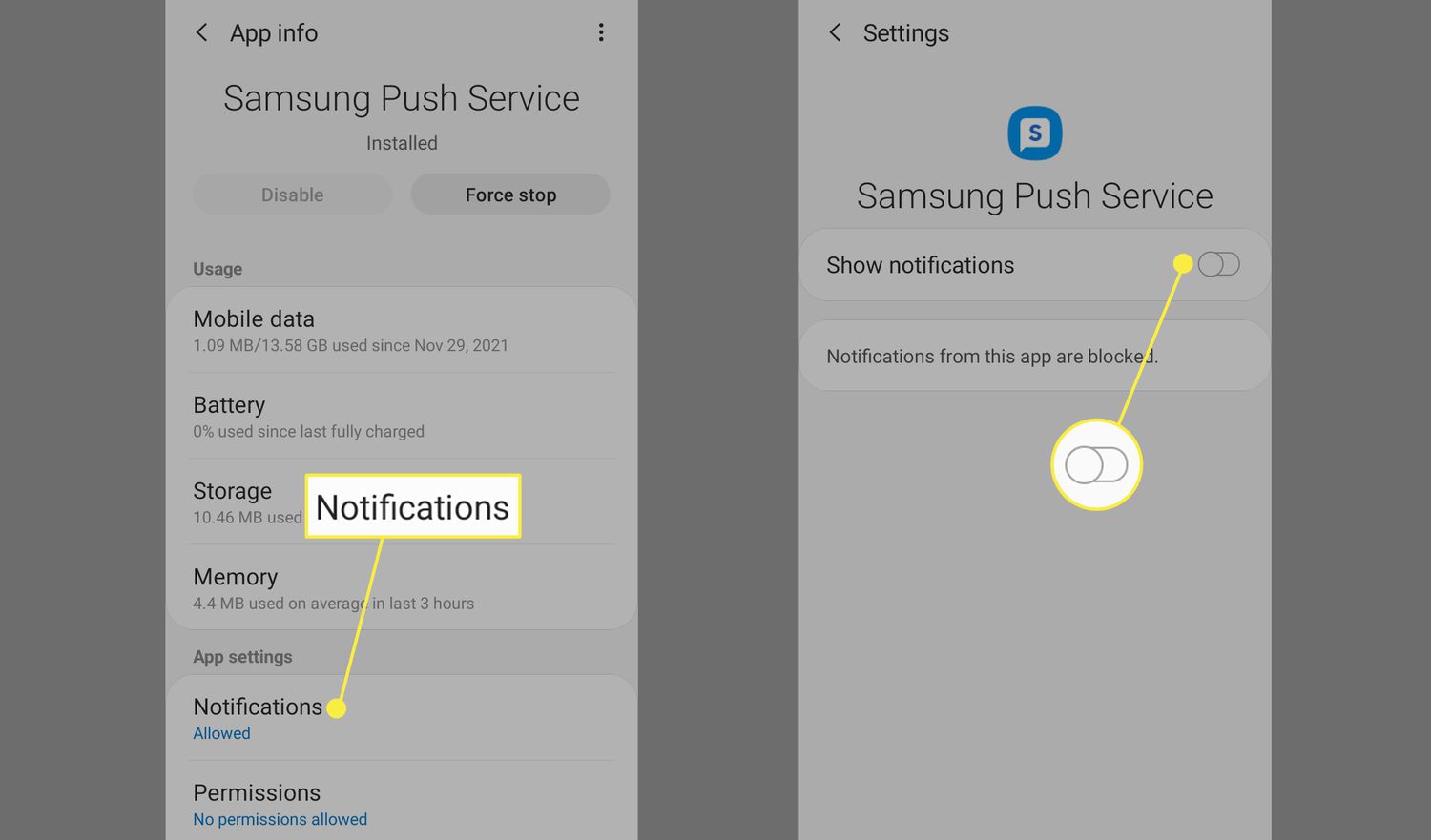 Vaihda ilmoitukset ja Näytä ilmoitukset Samsung Push Notification -asetuksissa