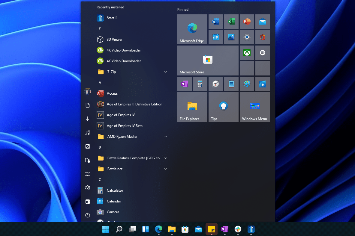 Kuvakaappaus Start11:stä Windows 11 -tietokoneessa.