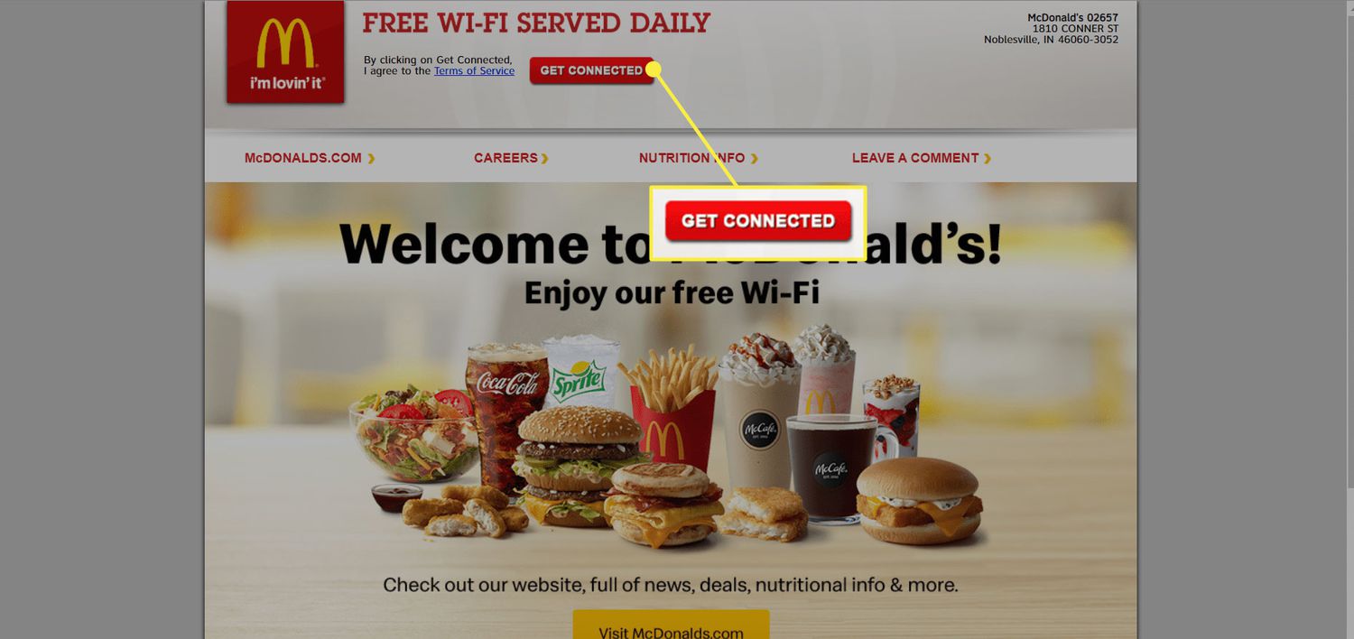 The "Luo yhteys" -painiketta McDonald'sin Wi-Fi-kotisivulla