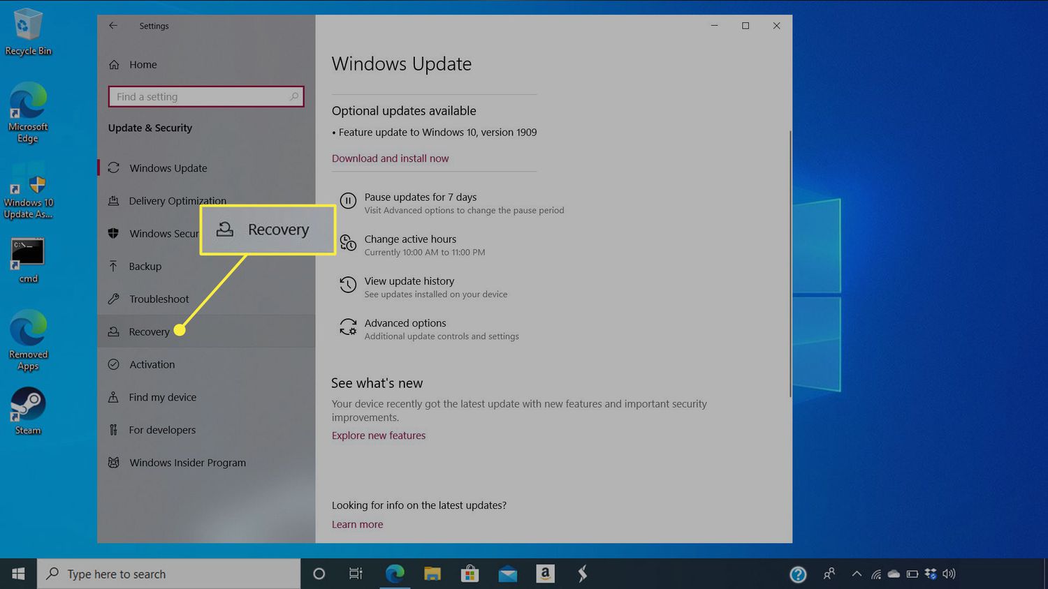 Palauta Windows Update -asetuksissa