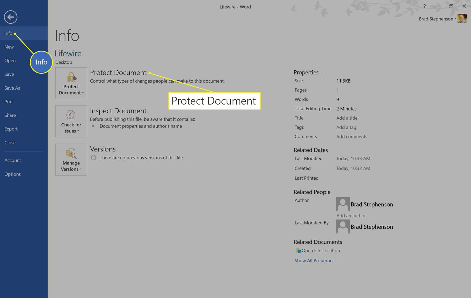 Windowsissa Word on merkitty Info ja Protect Document