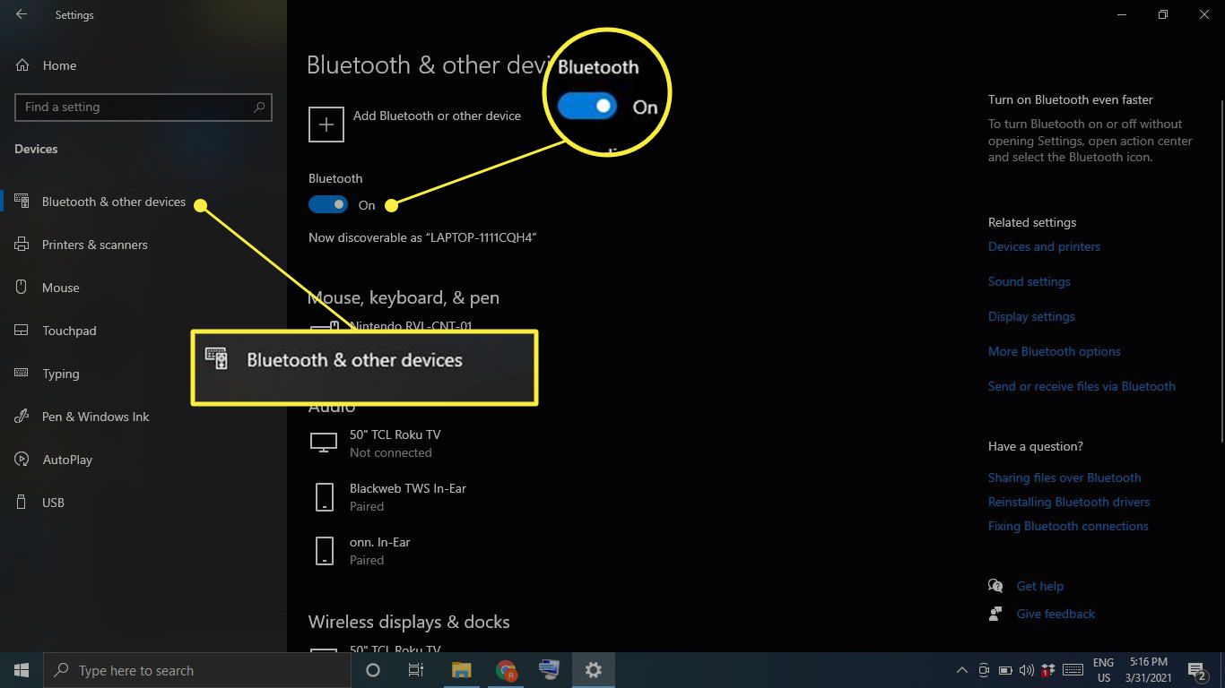 Bluetooth-kytkin Bluetoothissa ja muissa laitteissa Windows-asetuksissa