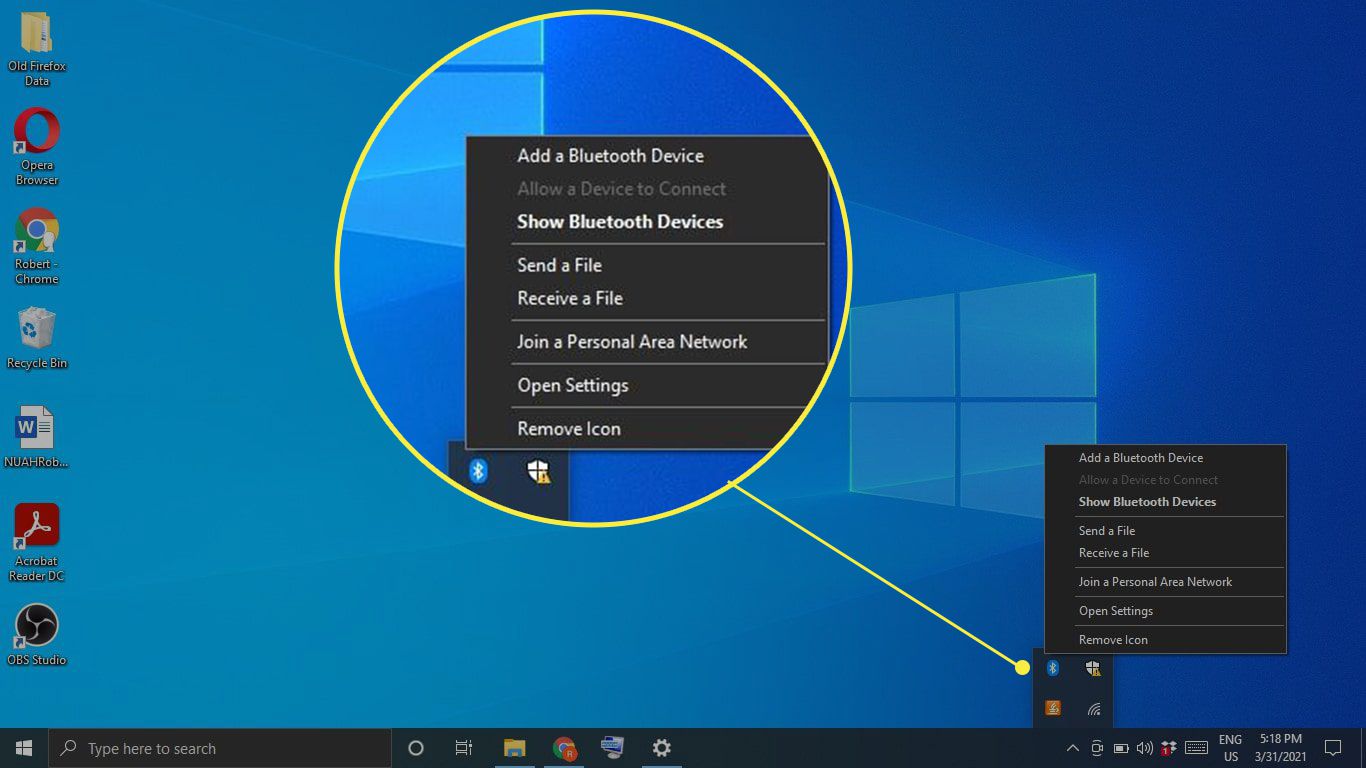Windowsin tehtäväpalkin Bluetooth-kuvake ja sen vaihtoehdot ovat korostettuina