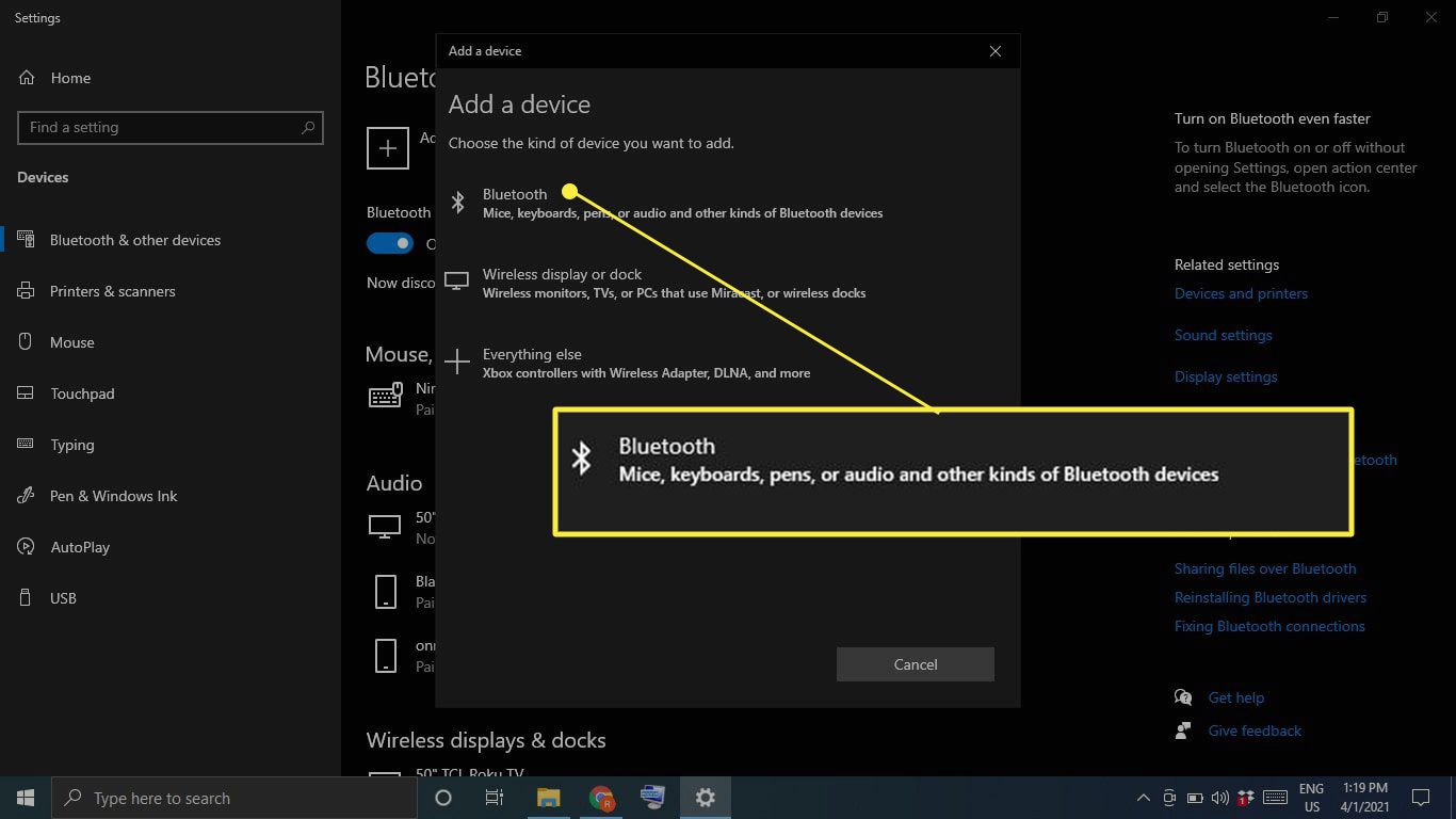  Bluetooth kohdassa Lisää laite Windows 10:n Bluetooth-asetuksissa