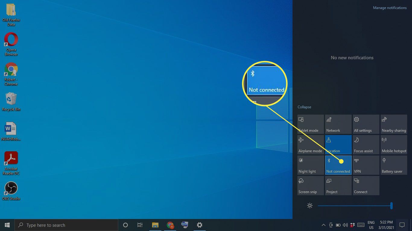 Bluetooth-kuvake Windows 10 -toimintakeskuksessa