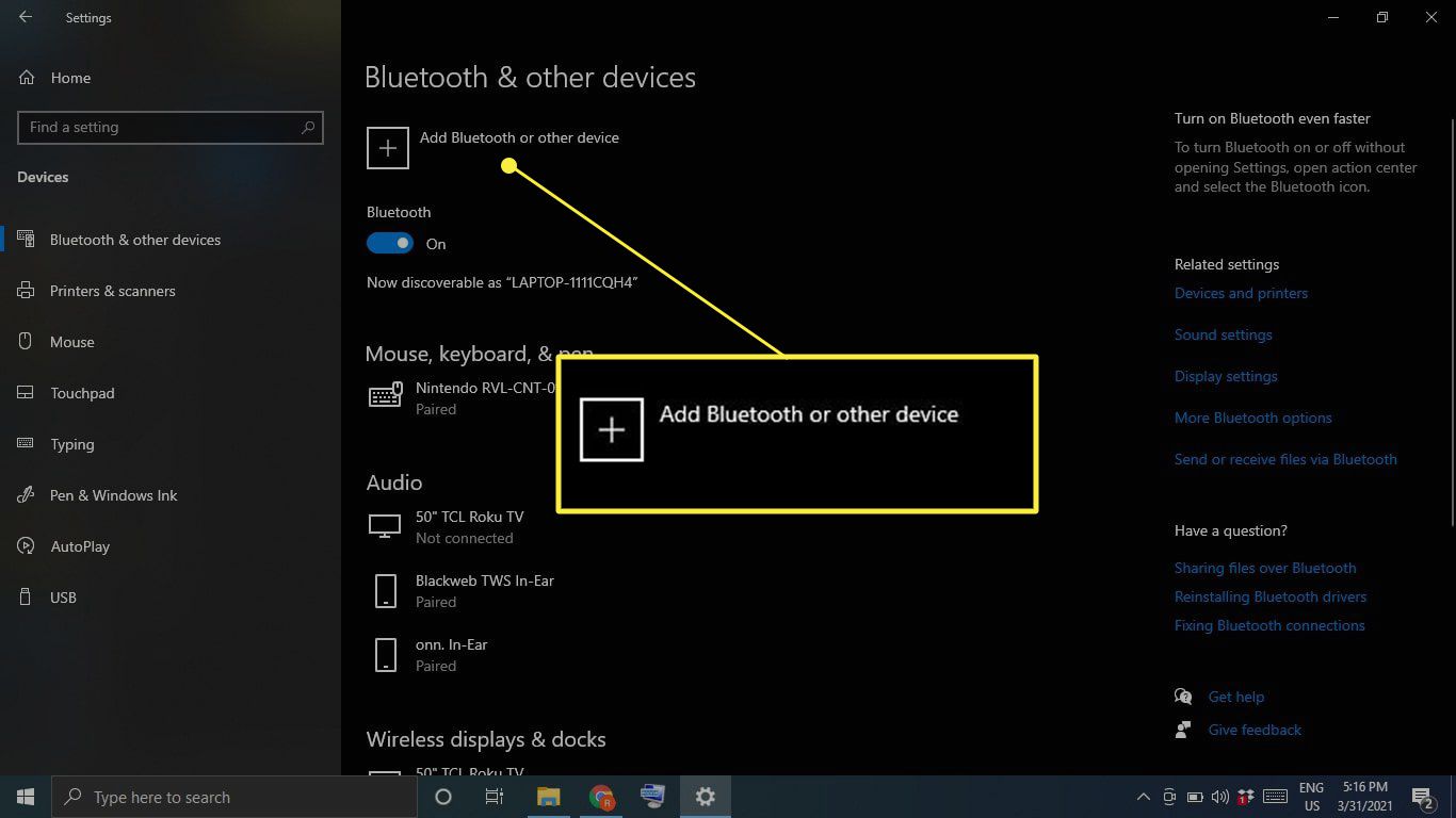 Lisää Bluetooth tai muu laite Windows 10:n Bluetooth-asetuksiin