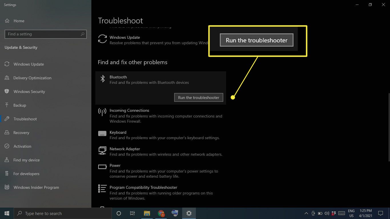 Suorita vianetsintä Windows 10:n vianetsinnässä Bluetoothin alla