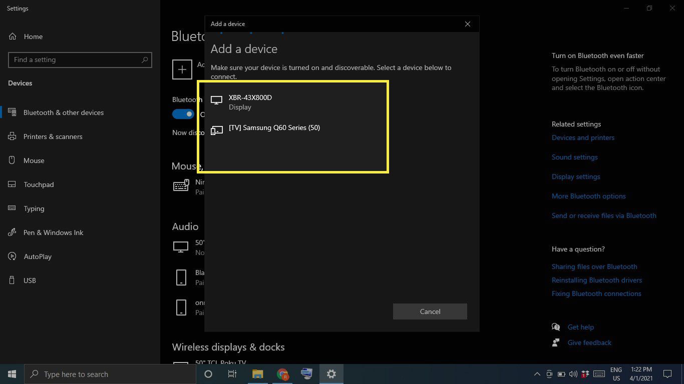 Bluetooth-laitteet kohdassa Lisää laite Windows 10 -asetuksissa