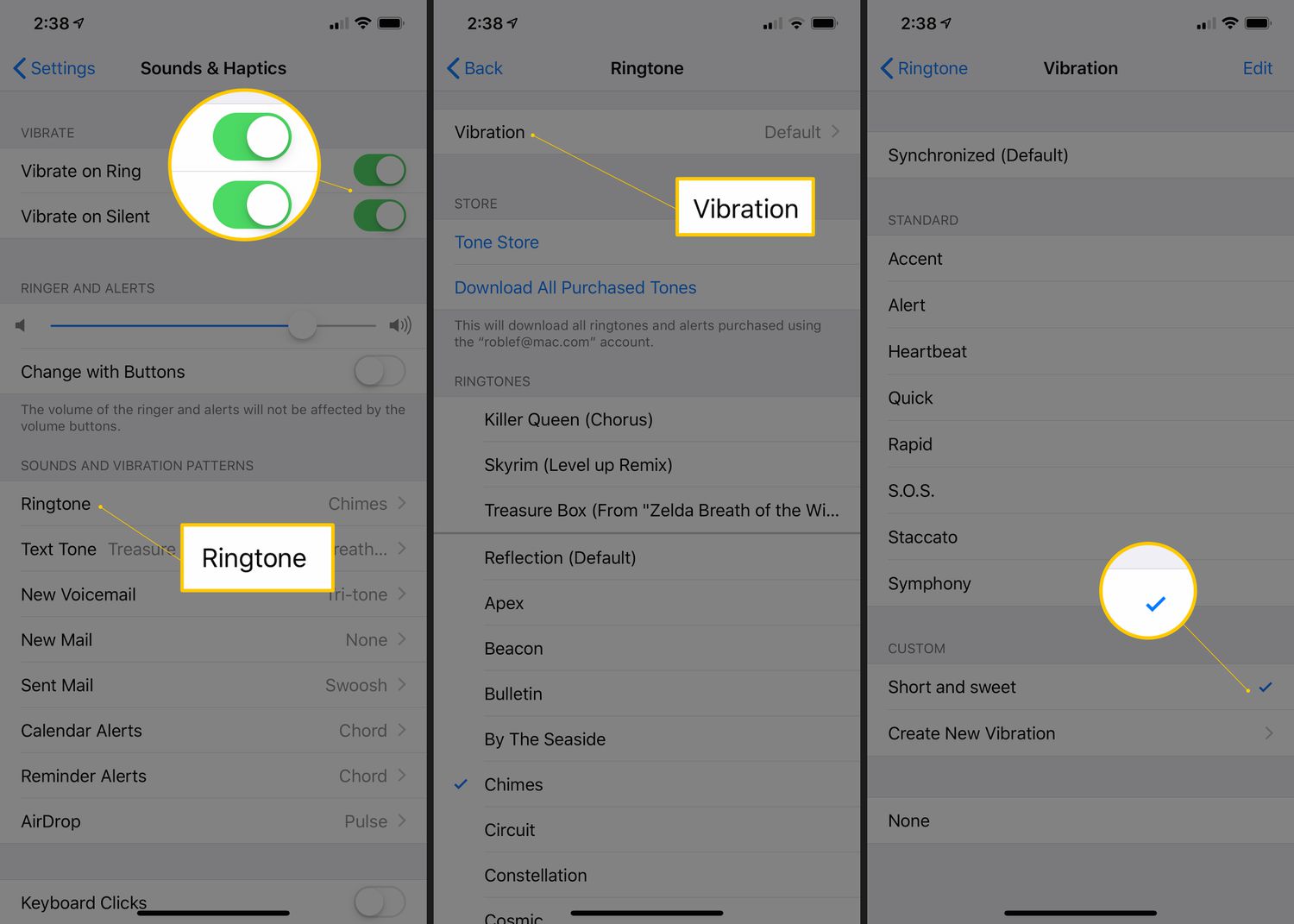 Kolme iOS-näyttöä, joissa näkyvät värinä soitto- ja äänetön kytkimet, soittoäänipainike, värinäpainike ja valintamerkki
