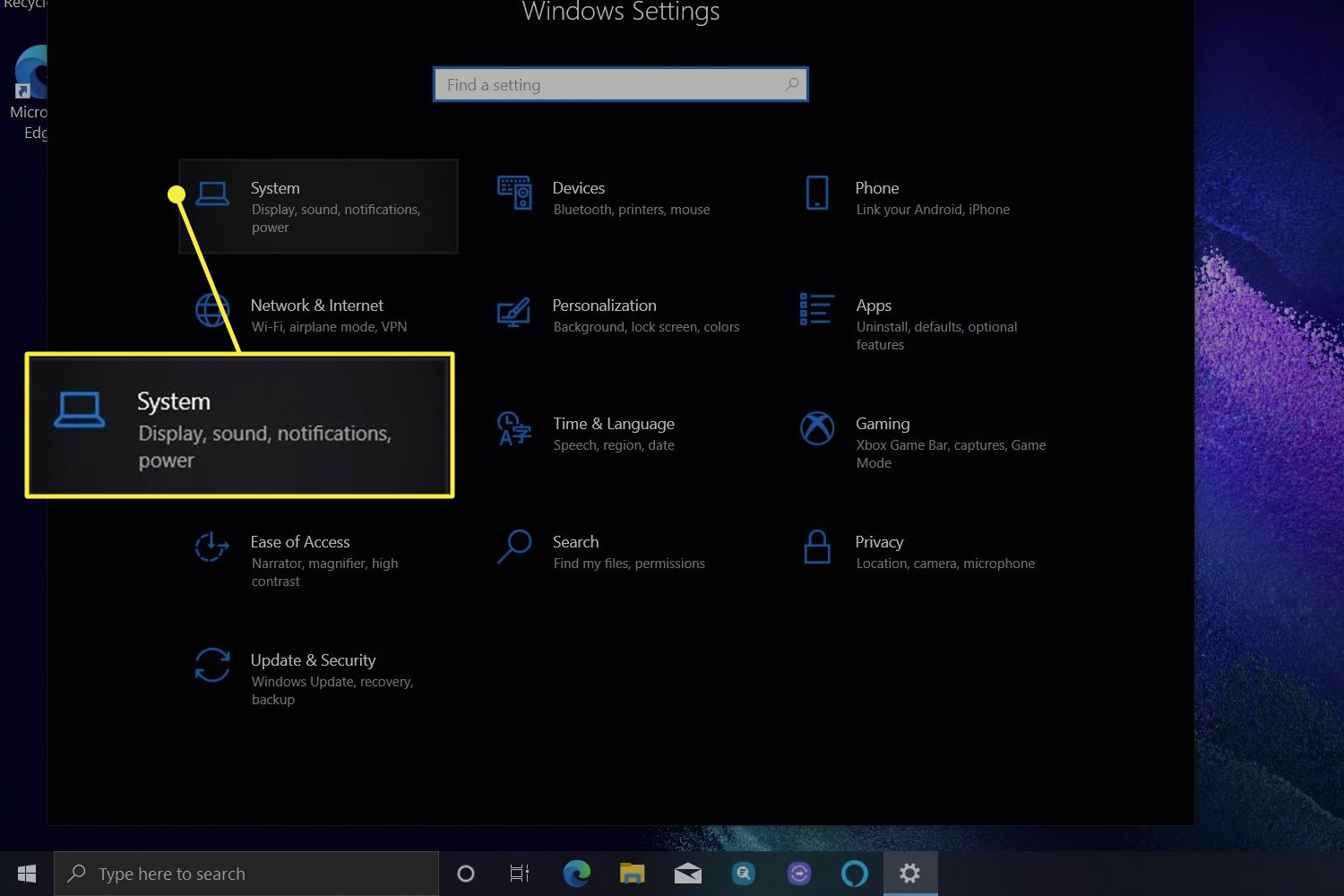 Windows 10:n Asetukset-valikko Järjestelmä korostettuna.