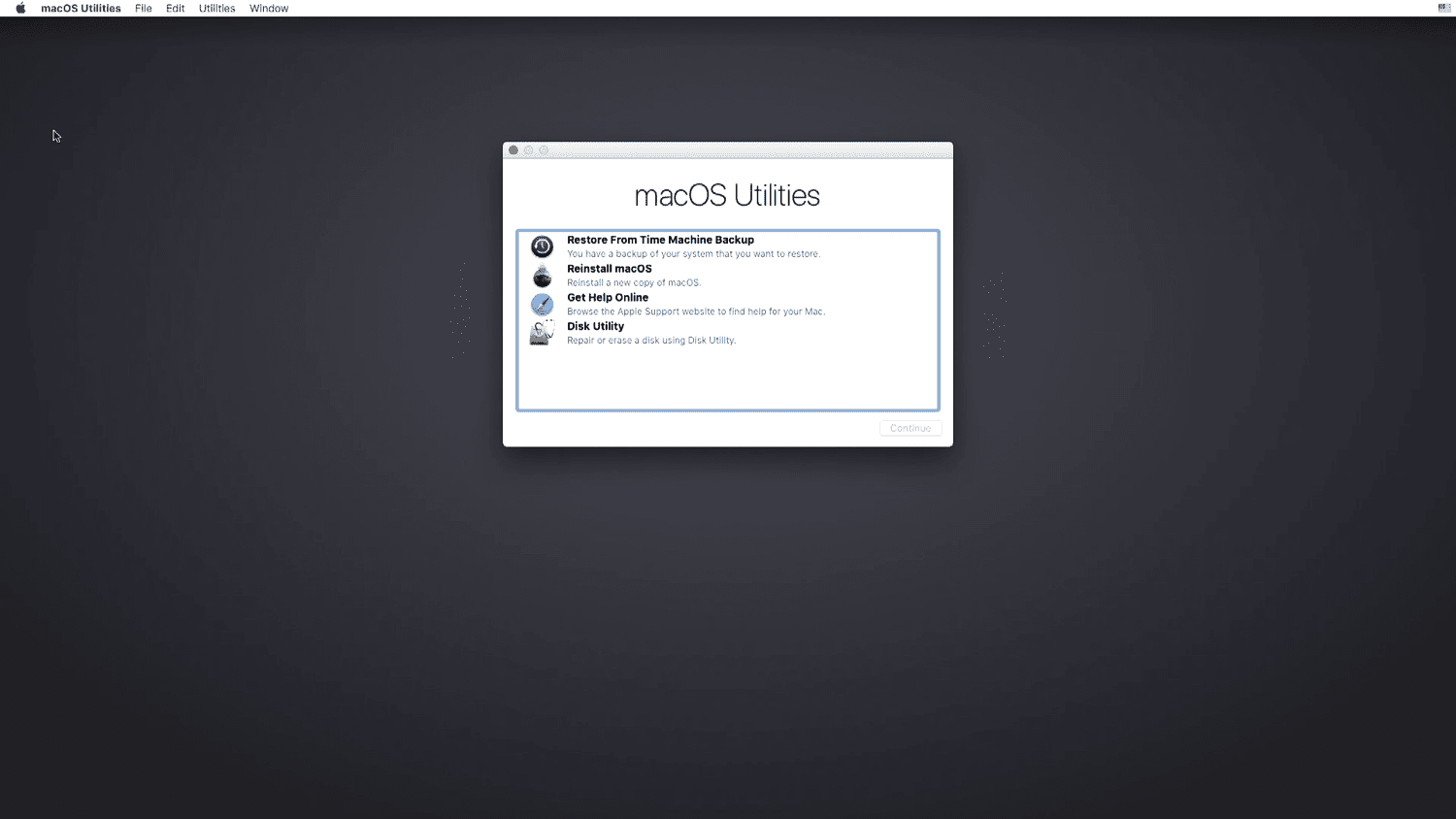 macOS-apuohjelmat macOS-palautuksessa.