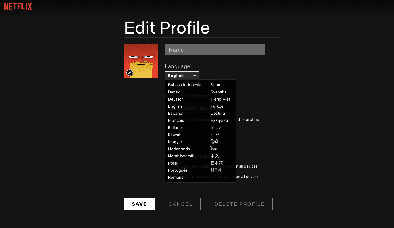 Netflix Edit Profile -näyttö kielivaihtoehdoilla