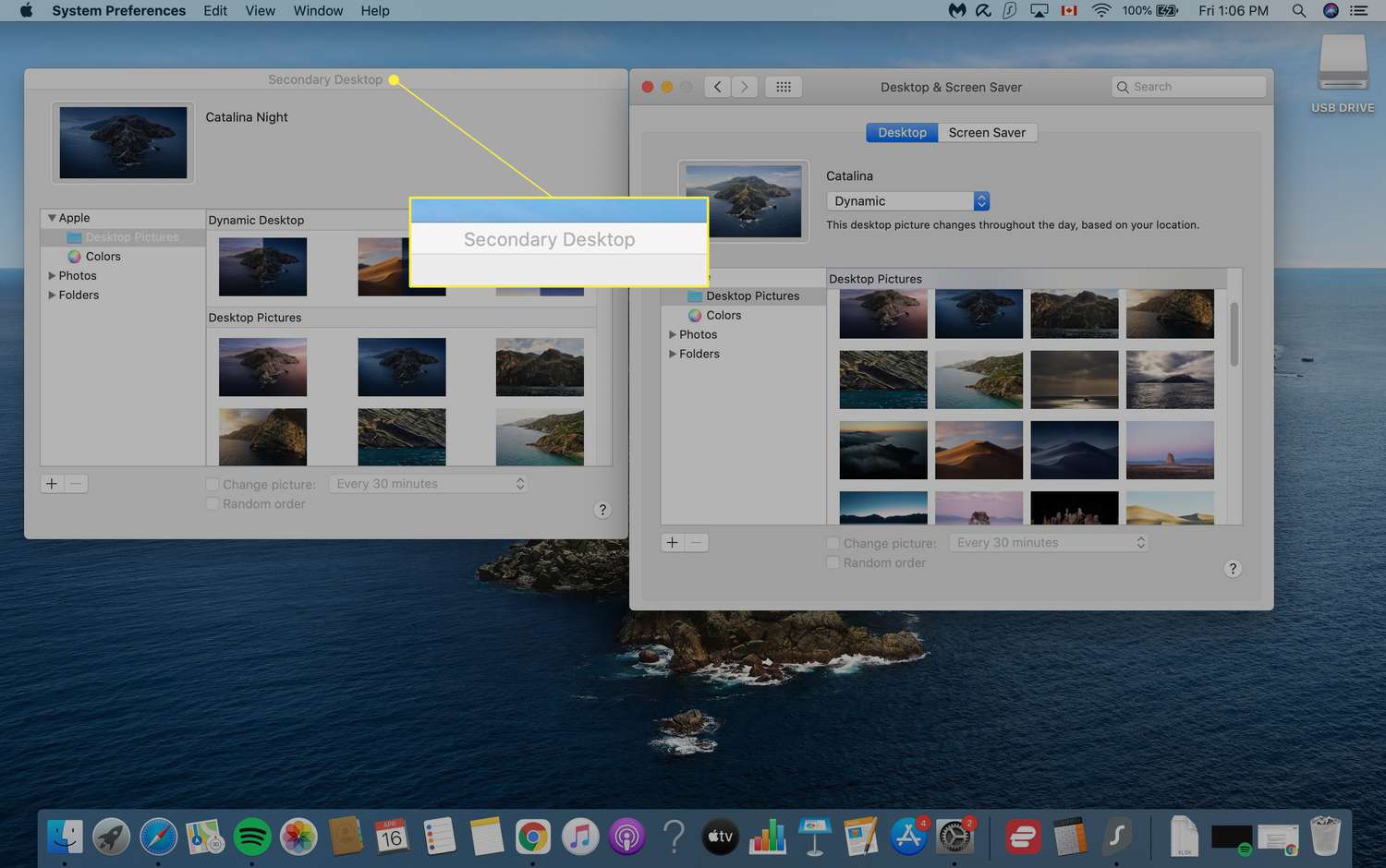 Macin taustakuvan valintaikkuna, jossa "Secondary Desktop" on korostettuna