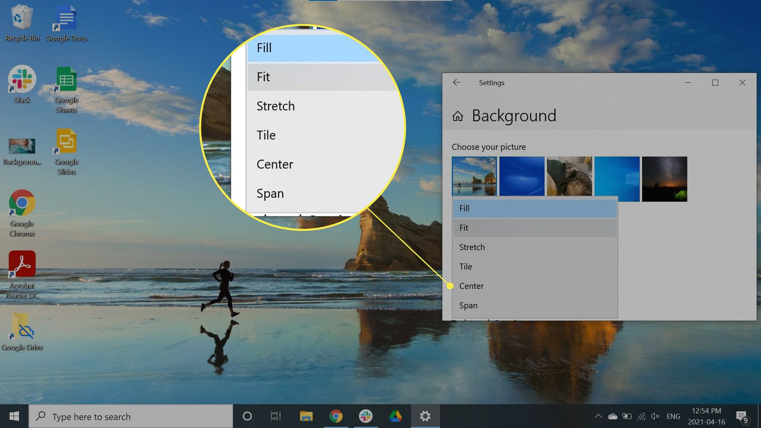 Valitse sopiva taustakuvavaihtoehto korostettuna Windows 10:ssä.